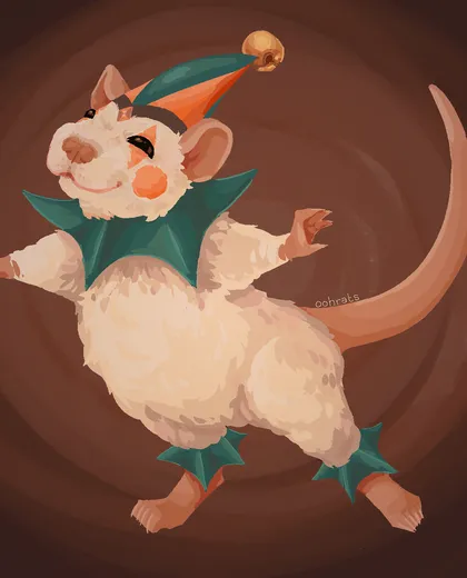 Painterly illustration of a white rat dressed as a jester in a green cap with a gold bell, ruffled collar, and webbed booties, mid-caper against a swirling brown backdrop