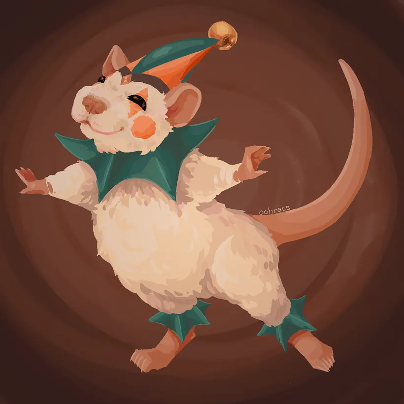Painterly illustration of a white rat dressed as a jester in a green cap with a gold bell, ruffled collar, and webbed booties, mid-caper against a swirling brown backdrop